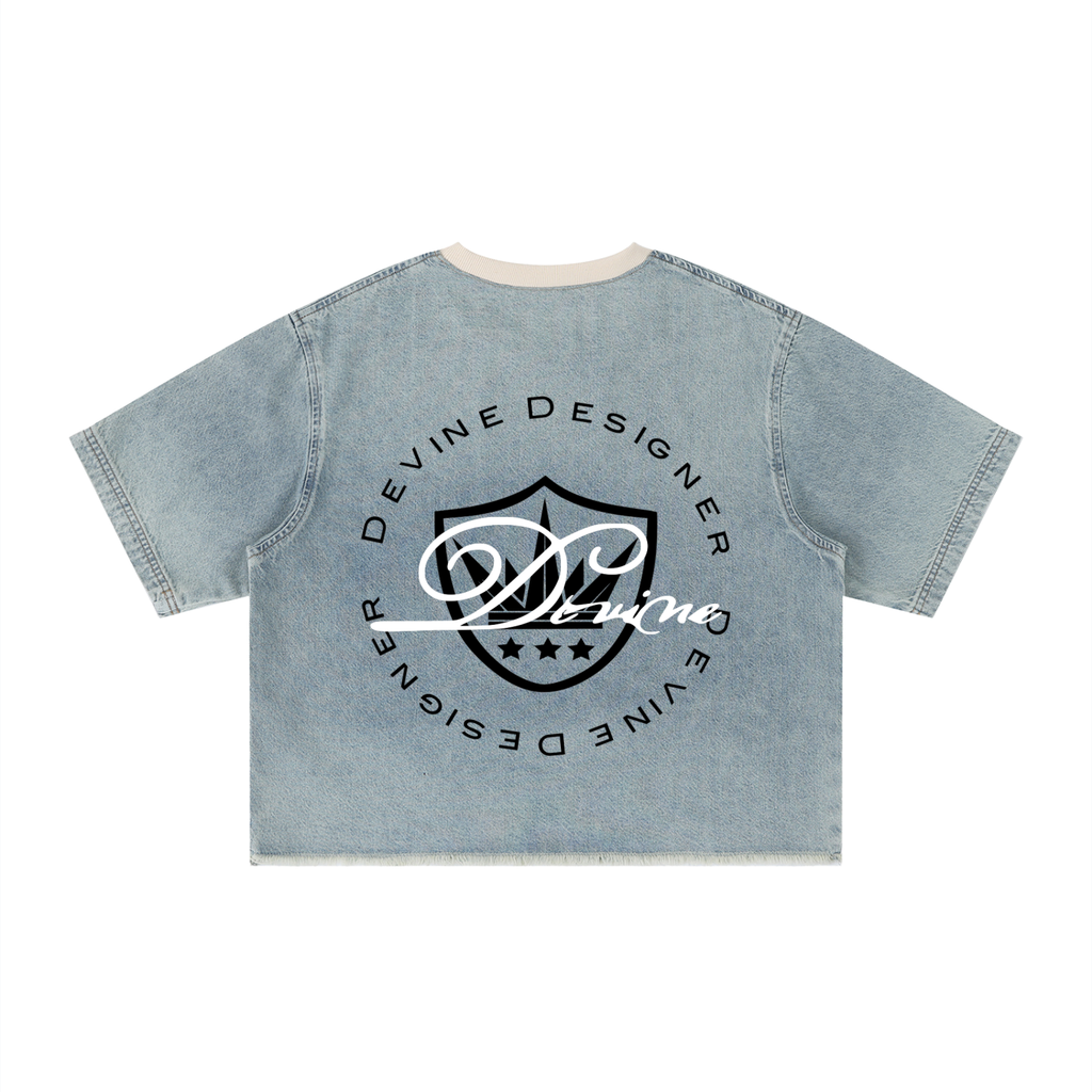DEVINE DENIM - Unisex Vintage Wash Boxy Raw Hem Denim T-Shirt
