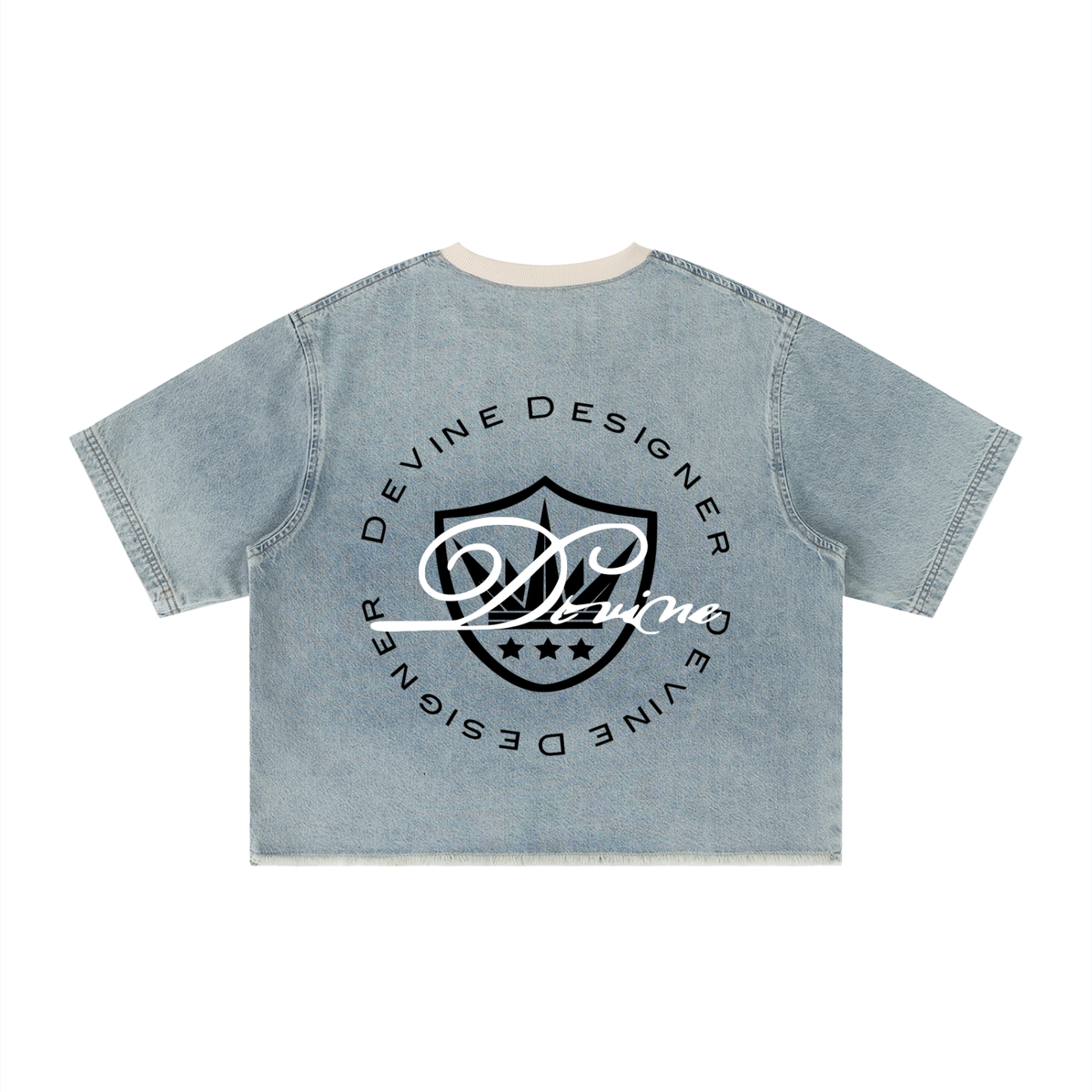 DEVINE DENIM - Unisex Vintage Wash Boxy Raw Hem Denim T-Shirt