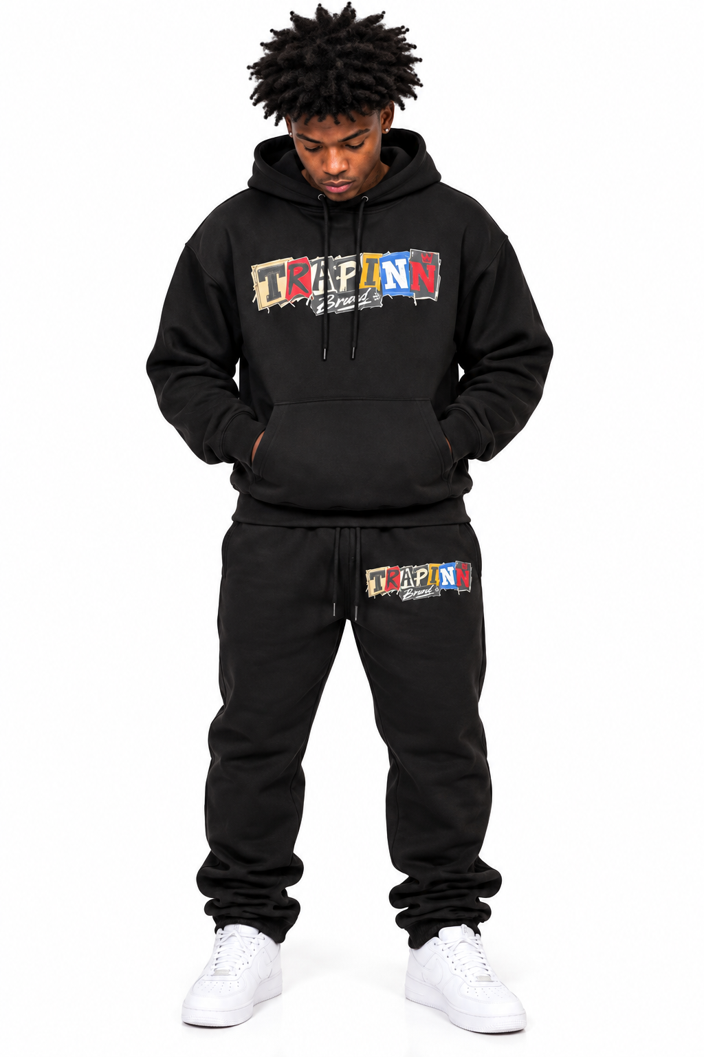 TRAPINN Worldwide – Patchwork Logo Hoodie & Jogger Set | Black
