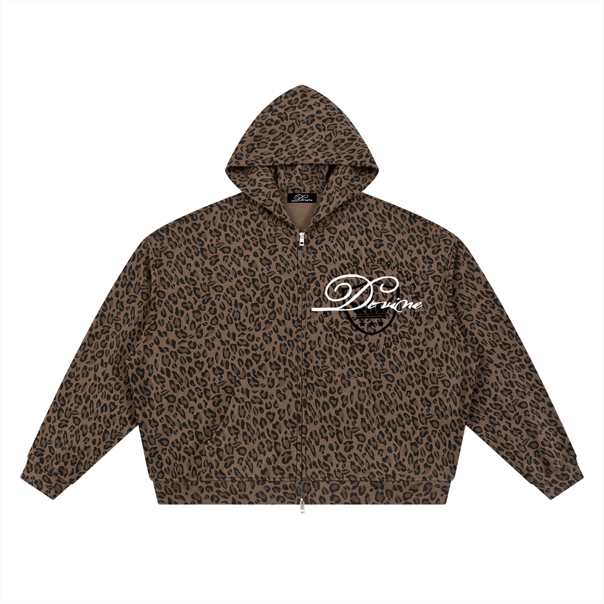 Unisex Leopard Print Waffle Full Zip Hoodie