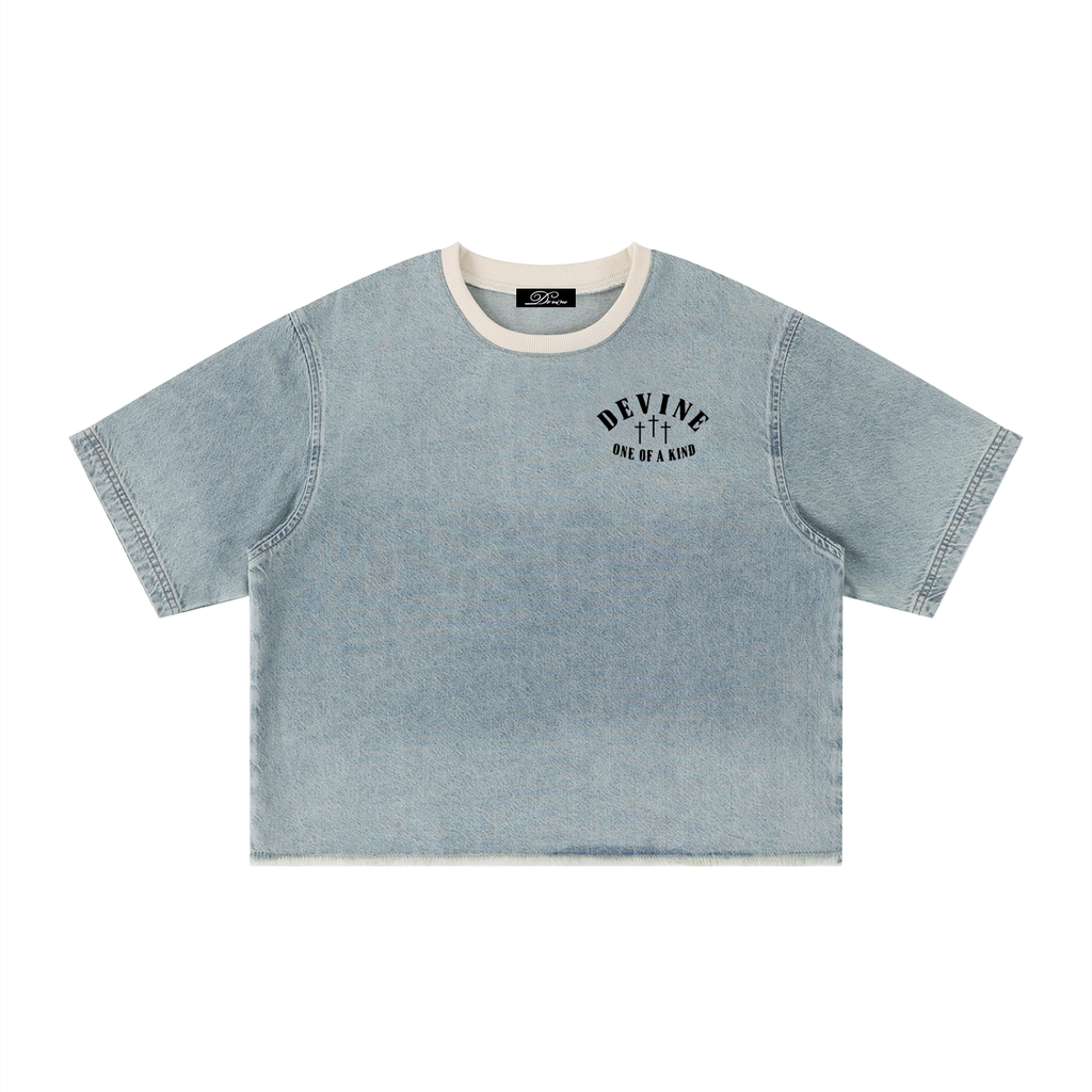 DEVINE DENIM - Unisex Vintage Wash Boxy Raw Hem Denim T-Shirt