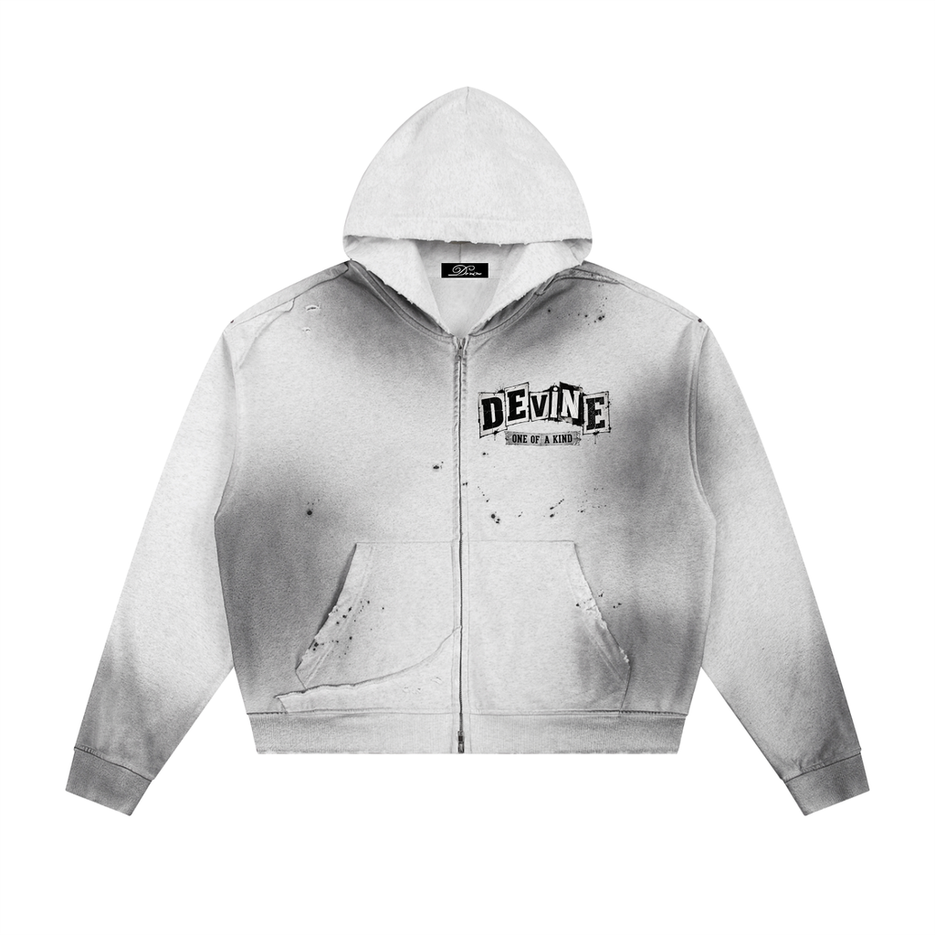 DEVINE Sun Fade Frayed Raw Edge Fleece Zip Hoodie