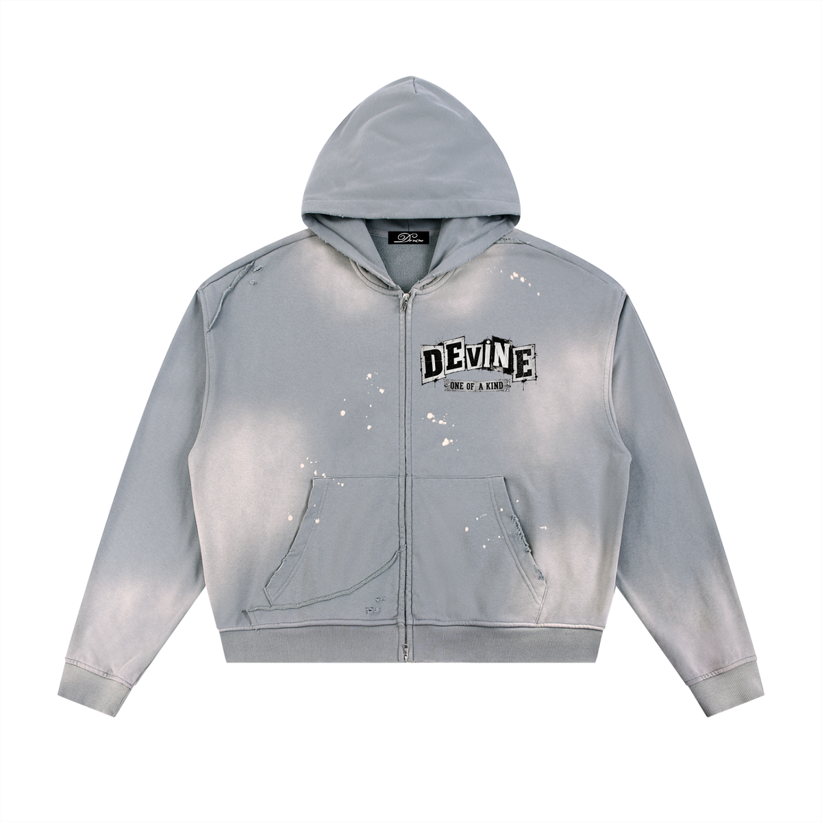 DEVINE Sun Fade Frayed Raw Edge Fleece Zip Hoodie